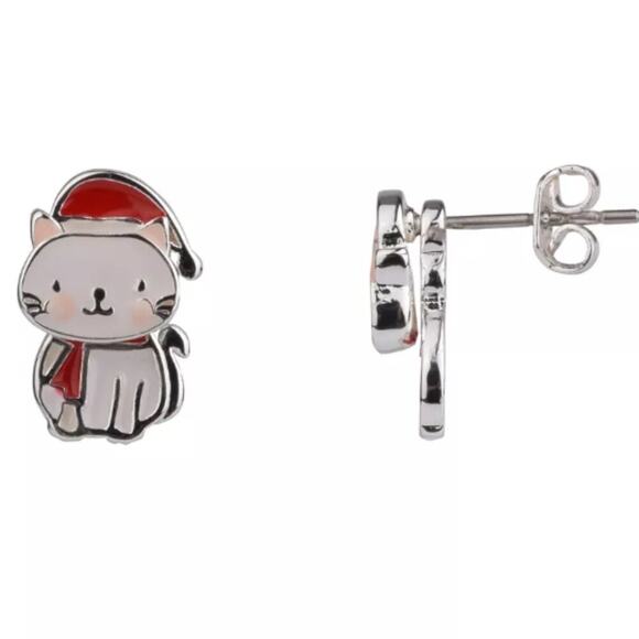 FAO Schwarz Kitty Christmas Dainty Dimensional Earrings In Fine Silver Plating - Picture 1 of 5